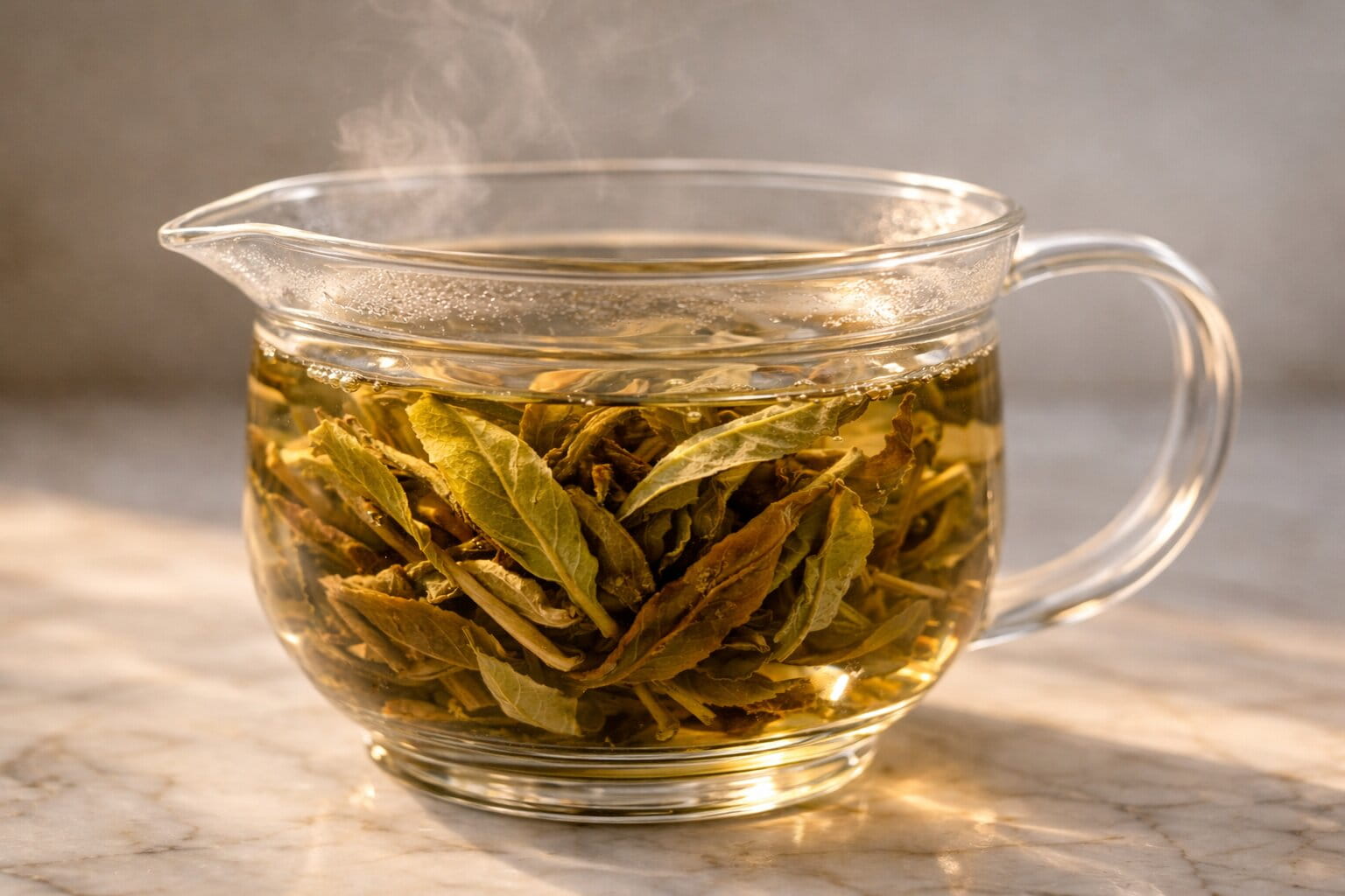 Close-up macro photograph of whole loose leaf tea slowly unfurling in hot water inside a transparent glass teapot, placed on a light marble surface with soft natural light and visible steam, minimalist neutral background.