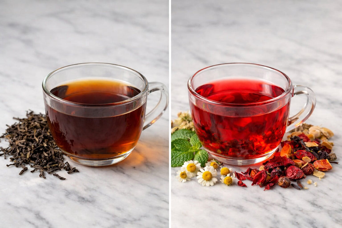 Side-by-side comparison of black tea and herbal infusion in glass cups on a marble surface with loose tea leaves, chamomile flowers, mint, and dried hibiscus under natural light.