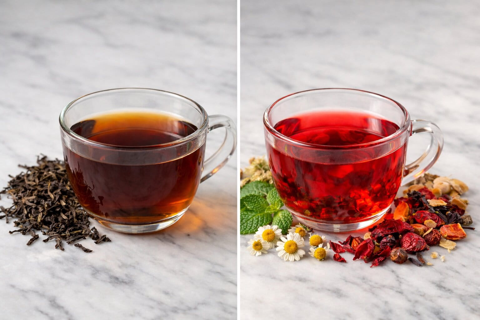 Side-by-side comparison of black tea and herbal infusion in glass cups on a marble surface with loose tea leaves, chamomile flowers, mint, and dried hibiscus under natural light.