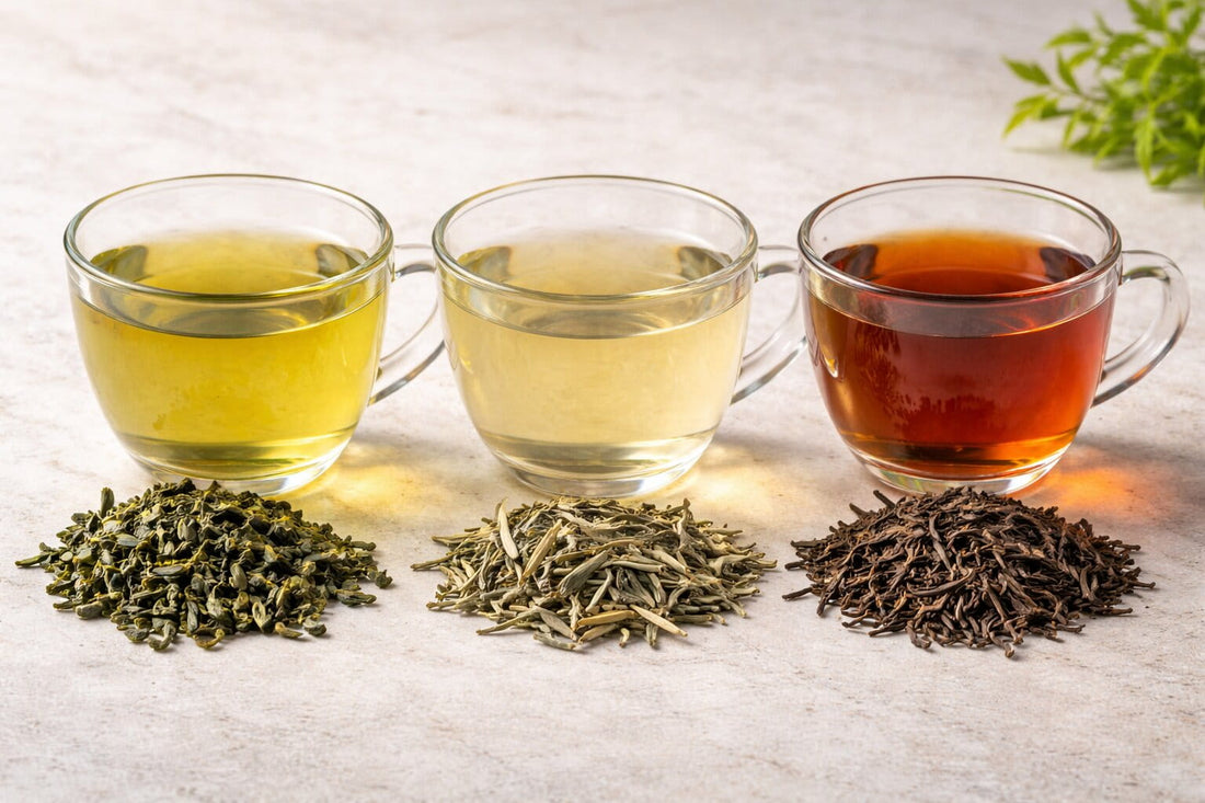 Three glass cups showing green tea, white tea, and black tea with their corresponding loose tea leaves displayed on a light fabric surface in natural light.