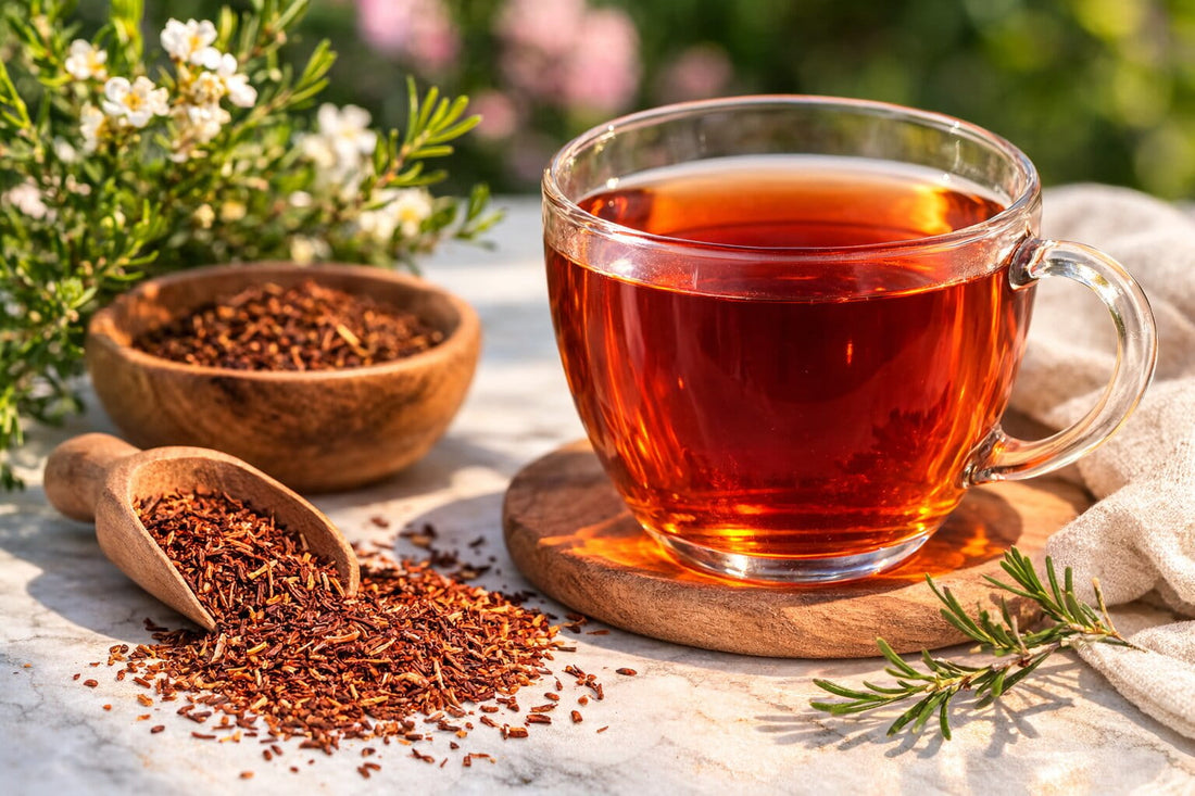 Glass cup of rooibos tea with loose rooibos leaves and wooden spoon on a marble surface with natural sunlight and soft garden background.