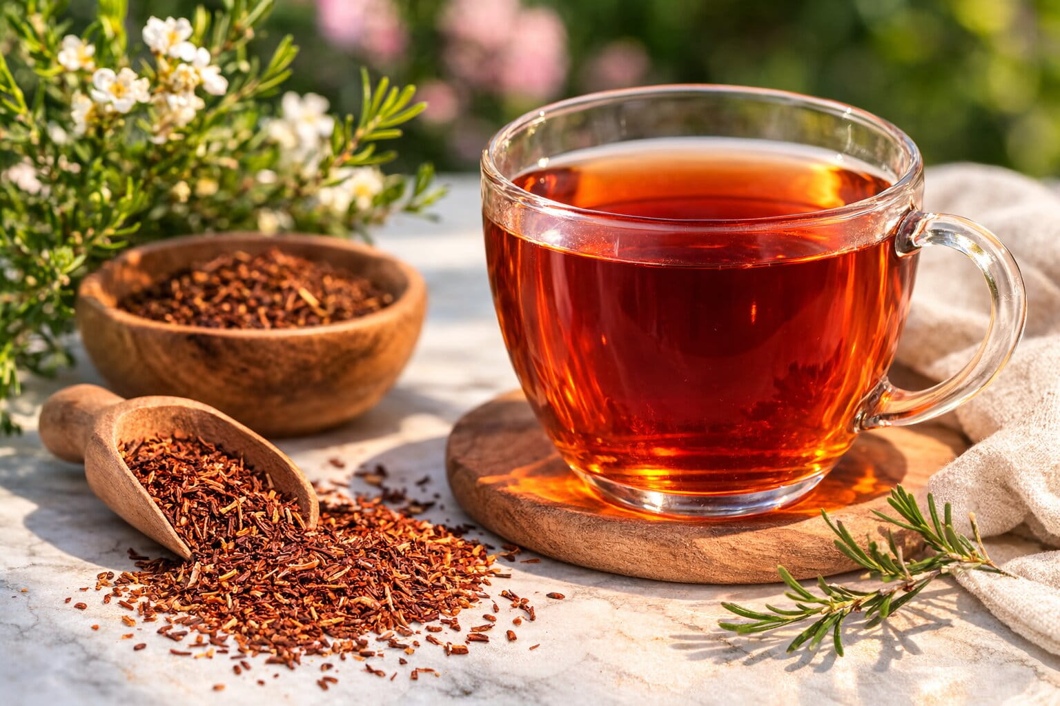 Glass cup of rooibos tea with loose rooibos leaves and wooden spoon on a marble surface with natural sunlight and soft garden background.