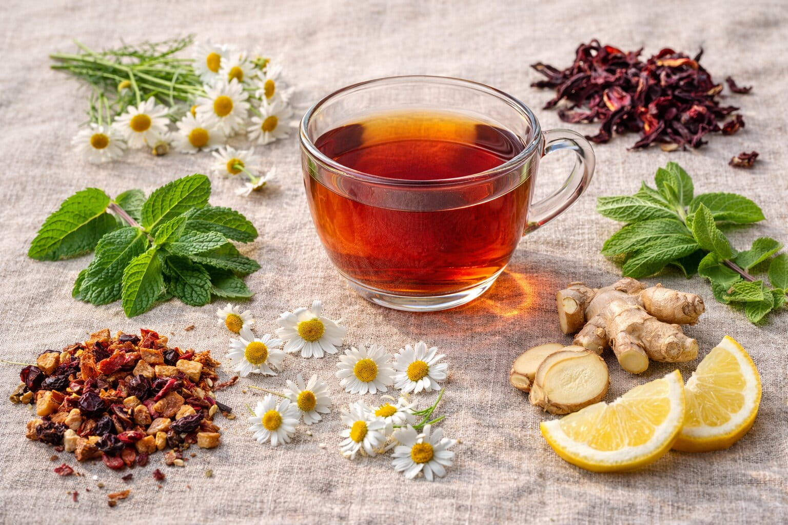 Herbal tea surrounded by chamomile flowers, mint leaves, dried hibiscus, ginger root, lemon slices, and dried fruit on natural linen fabric.