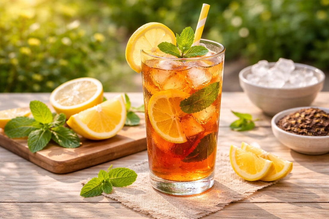 Glass of iced tea with ice cubes, lemon slices, and fresh mint on a light wooden terrace table in natural summer sunlight.