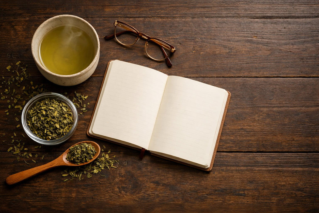Premium flat lay of a steaming green tea cup with loose leaf tea, glass bowl, wooden spoon, and blank open notebook on a dark wooden table with soft natural light from the left.