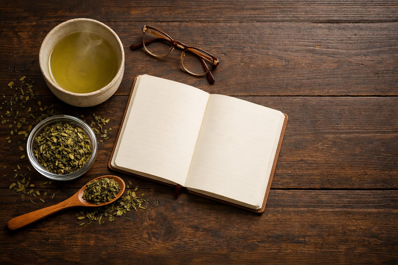 Premium flat lay of a steaming green tea cup with loose leaf tea, glass bowl, wooden spoon, and blank open notebook on a dark wooden table with soft natural light from the left.