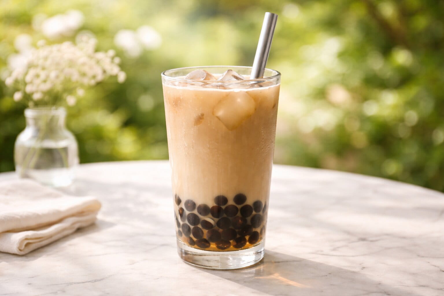 Elegant glass of black milk tea bubble tea with glossy tapioca pearls at the bottom, placed on a marble table in a bright garden setting.