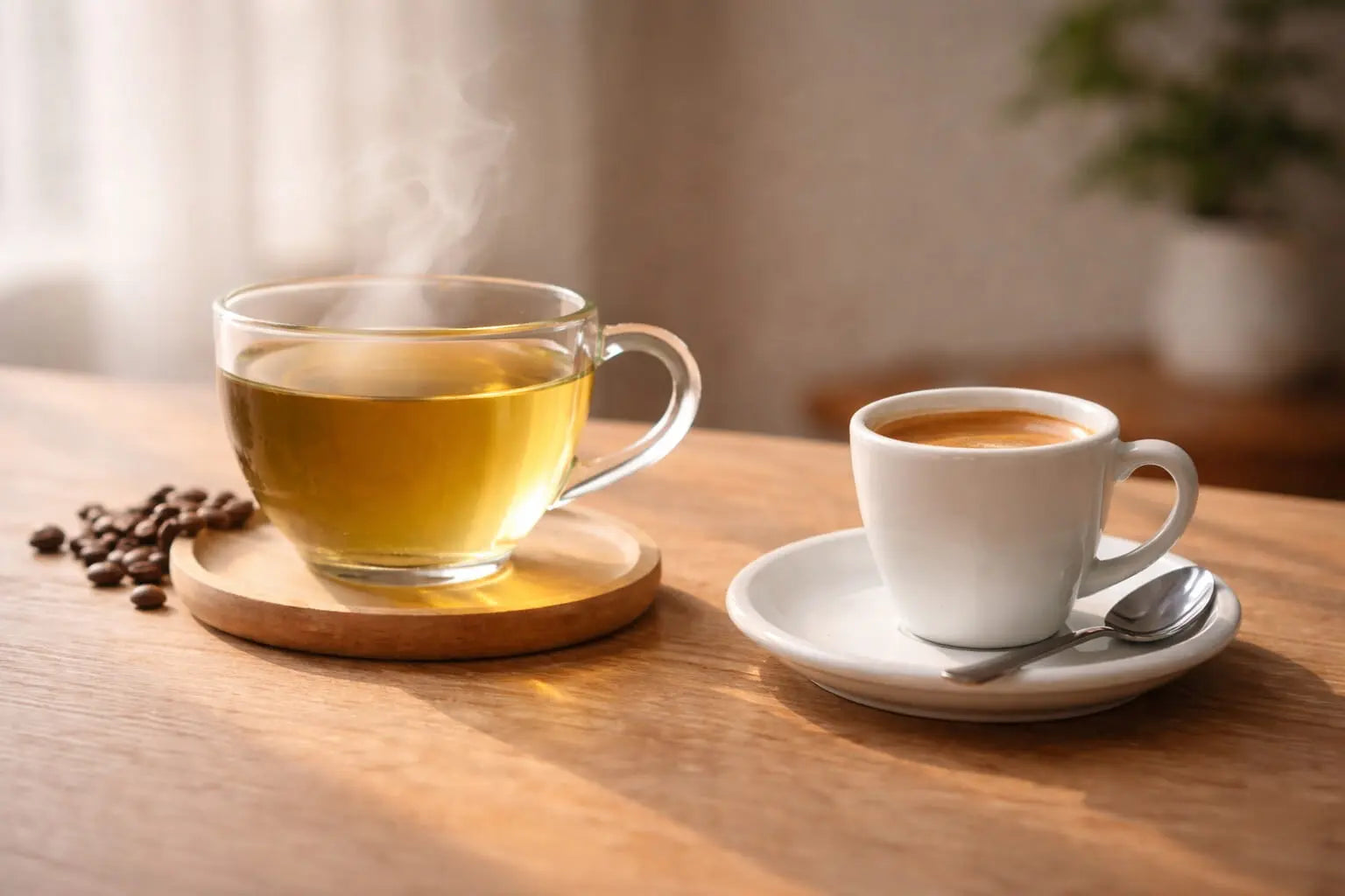 Glass cup of golden tea on a wooden coaster placed on the left, gently steaming under natural light, paired with a white espresso cup on a saucer on the right, set on a warm wooden table.