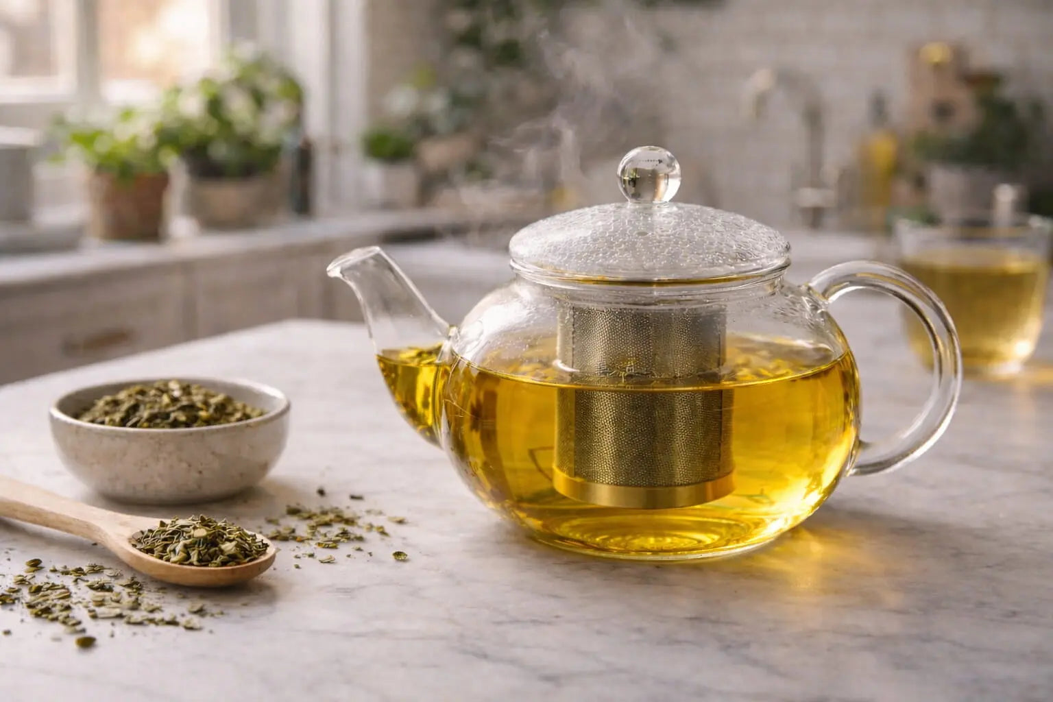 Loose leaf tea brewing in a glass teapot
