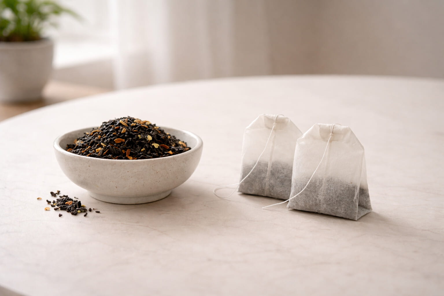 Loose leaf tea vs tea bags displayed side by side on a white table in natural light