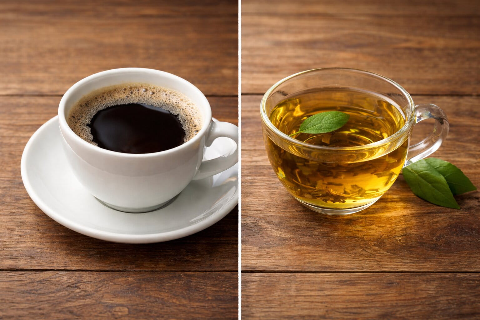 Coffee vs tea caffeine comparison with a cup of black coffee and a glass cup of tea on a wooden table.