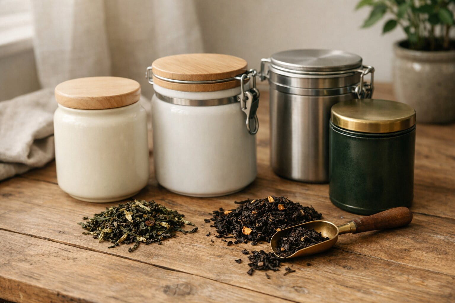airtight containers storing loose leaf tea on a wooden table with natural light