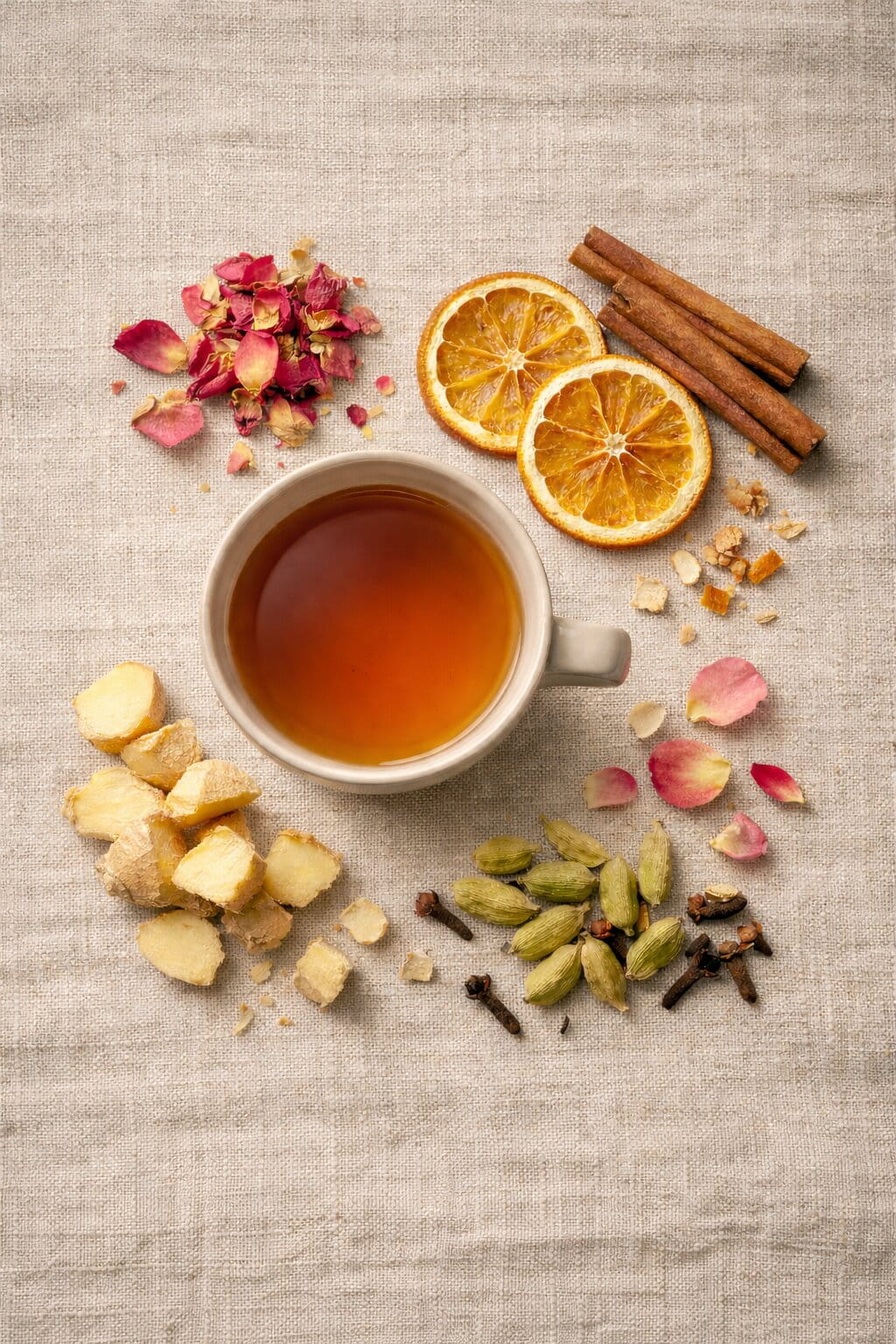 Tea cup with tea leaves, dried oranges, cinnamon sticks, and rose petals on a textured surface