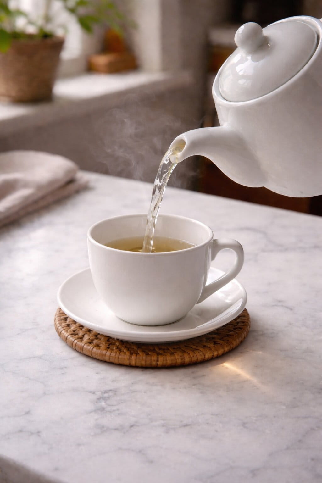 Hot tea being poured from a white ceramic teapot into a plain white cup on a saucer, placed on a woven coaster on a marble table, with soft natural light and steam rising.