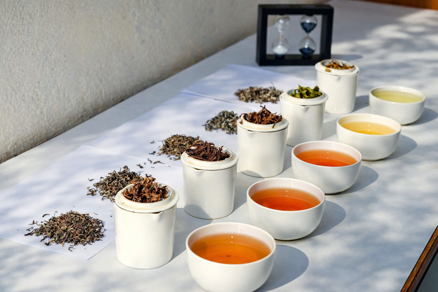 Loose leaf teas paired with their brewed infusions in white ceramic cups and bowls, arranged on a white table in natural daylight.