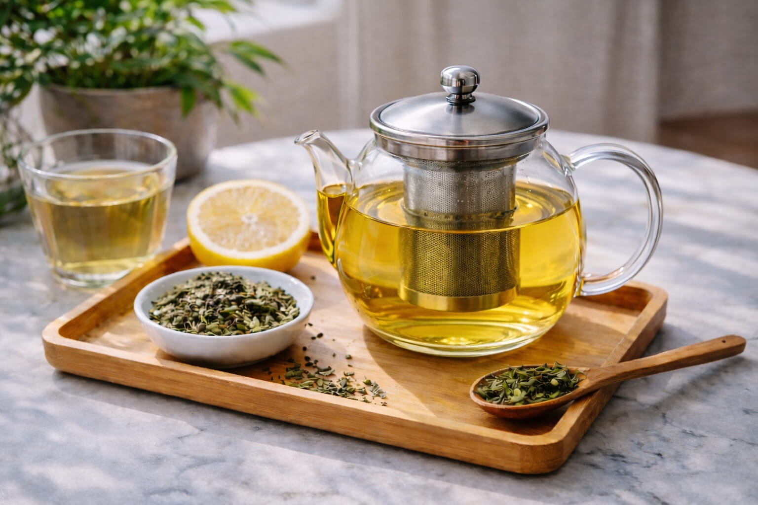 Loose leaf tea brewing in a glass teapot